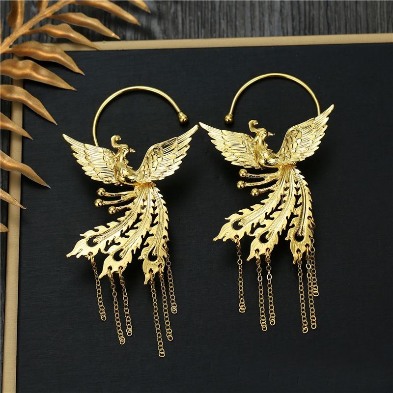 Bridal Gold Plated Phoenix Tassel Ear Cuff Chinese Cheongsam Accessory