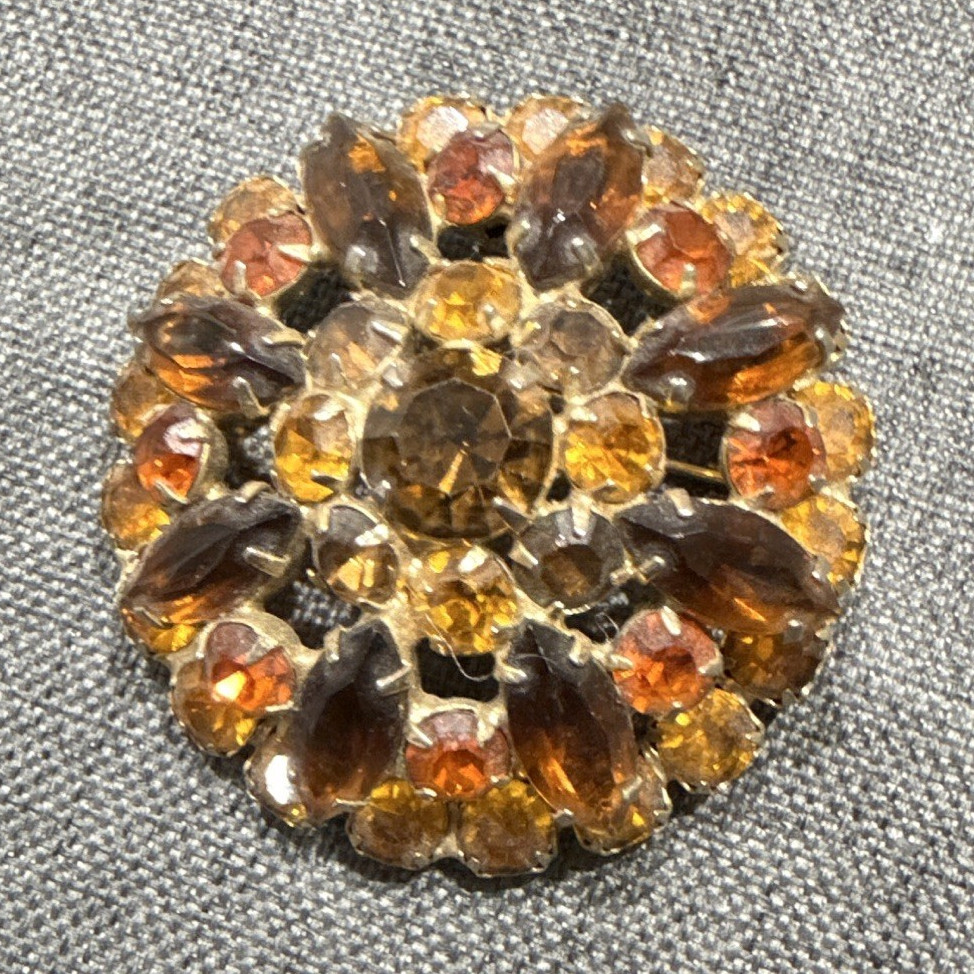 Gold Tone Metal Round Amber Brown Crystal Rhinestone Cluster Brooch Pin