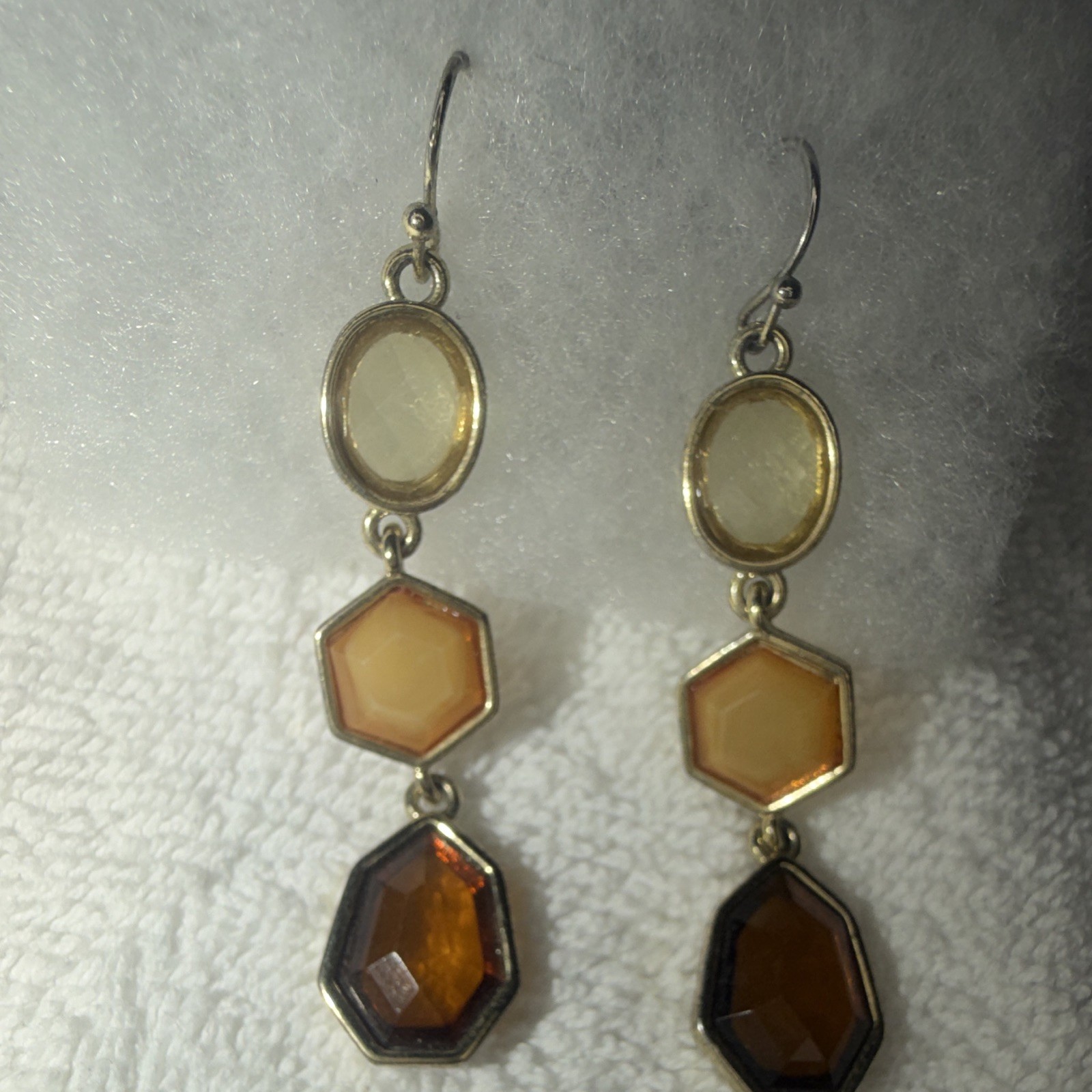 Silver Tone Asymmetrical Dangle/Drop Hook Earrings Bezel Set Brown Octagon