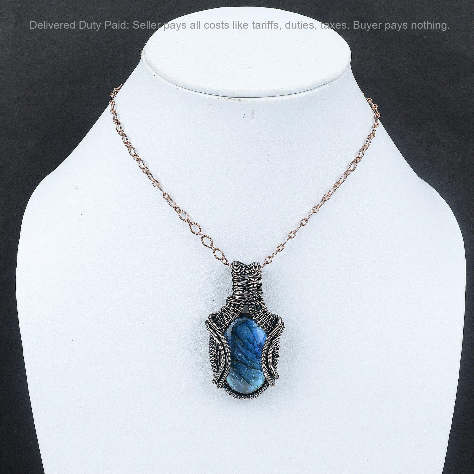 Oval Labradorite Stone Wedding Wire Wrapped Art Deco Boho Pendant Jewelry Copper