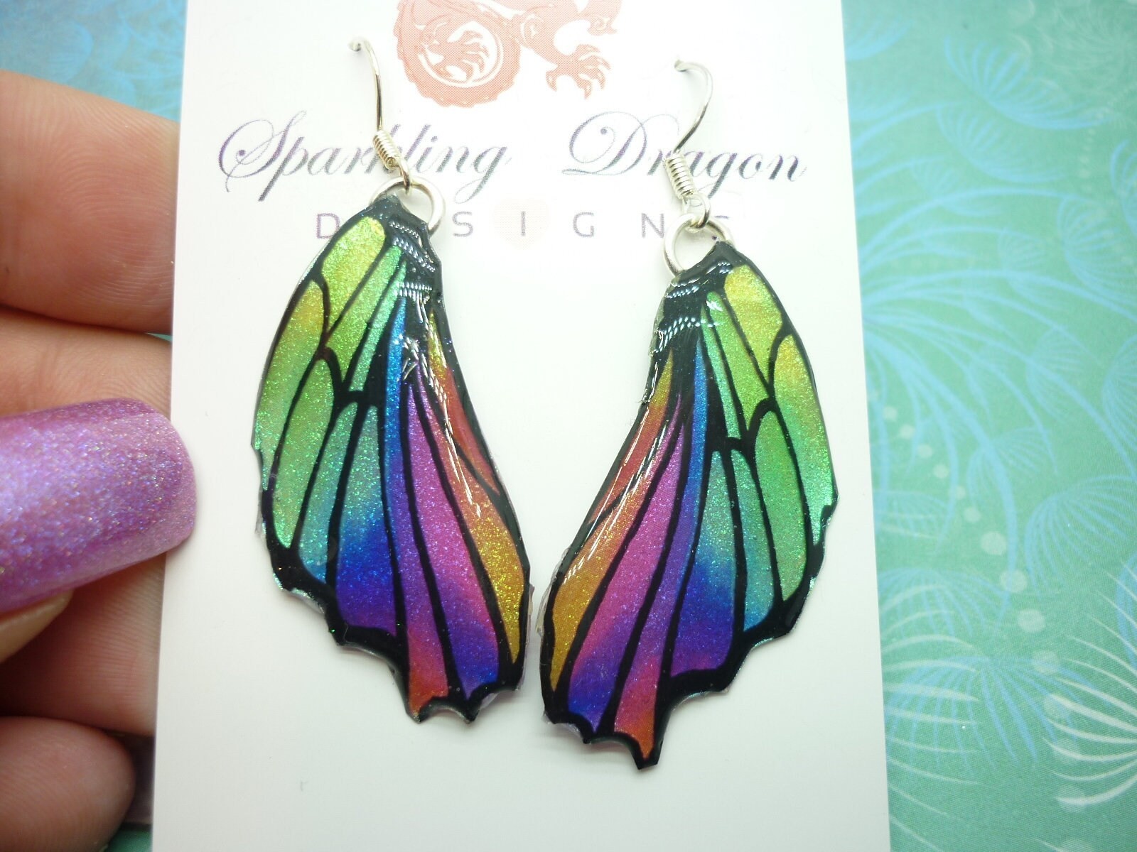 Butterfly Wing Earrings Green Purple Rainbow – Fairy Jewellery, Fun Gift for