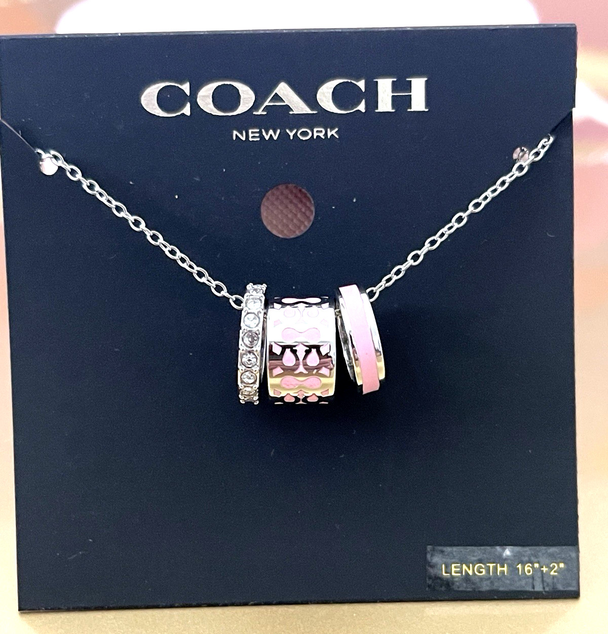 COACH SIGNATURE TEA ROSE MOTIF NECKLACE SILVER-TONE PINK/CRYSTAL NEW + DUST BAG