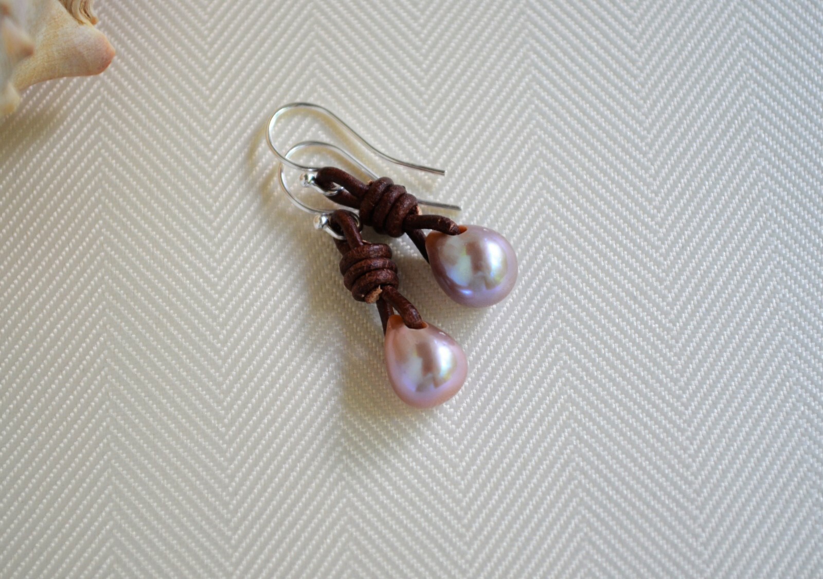 Tea Drop Pearl Earrings Lavender Pearls on Leather Earrings Boho Earrings Yevga