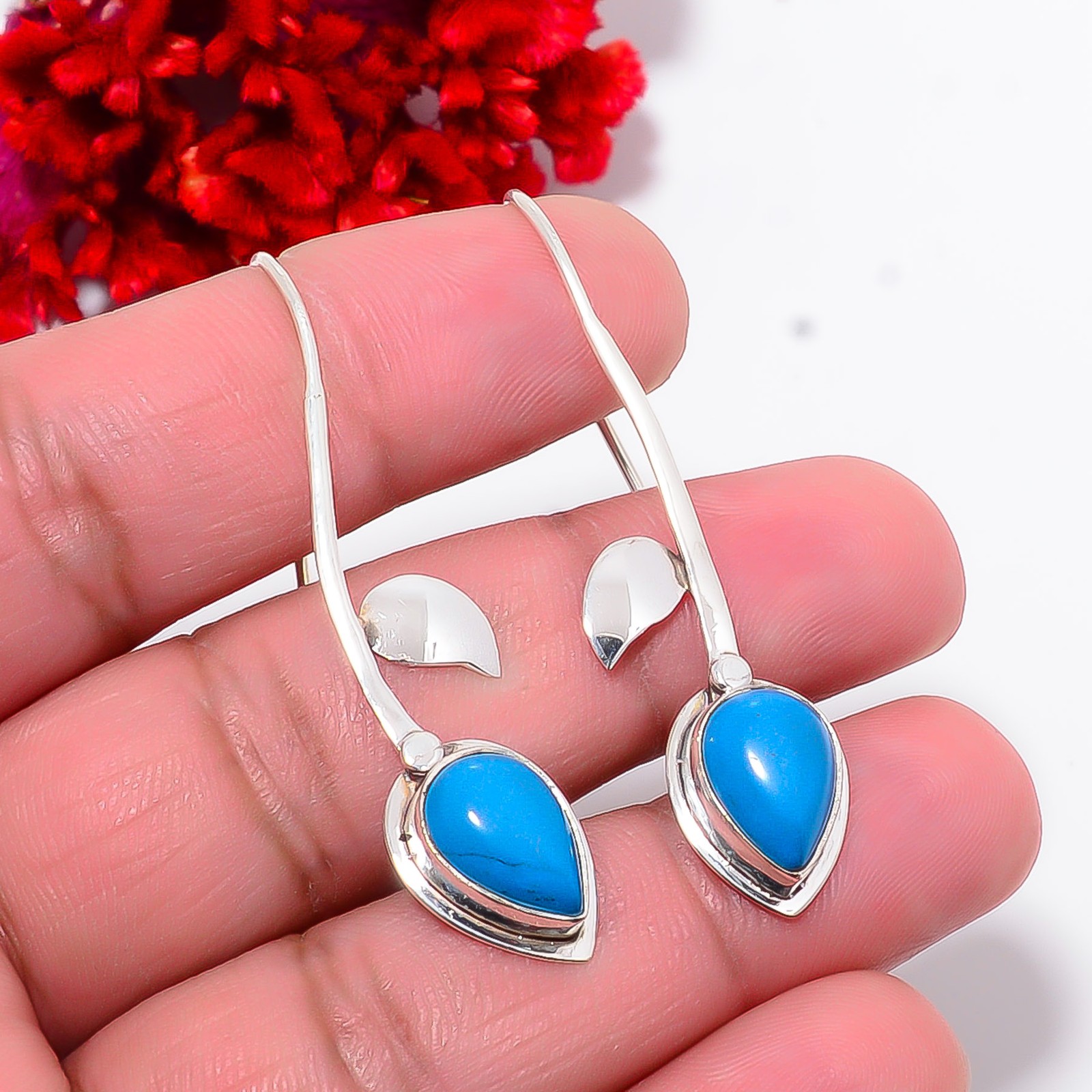 Sleeping Beauty Turquoise Designer Handmade 925 Sterling Silver Earring 2.07″ E0