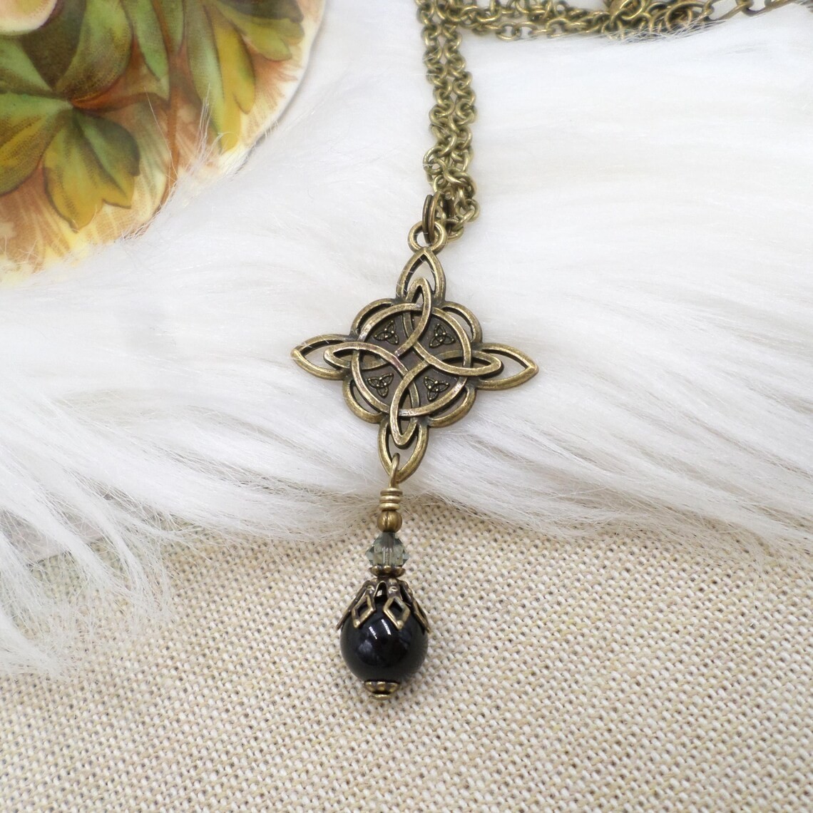 Celtic Knot Necklace, Black Bead Antique Brass Witch Knot Handmade Jewelry