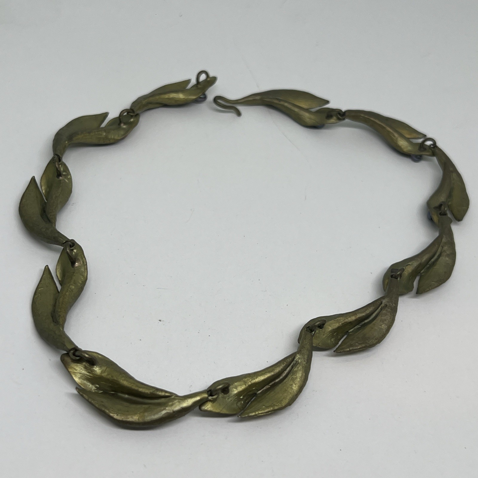 Unsigned Michael Michaud Hosta Leaf Peacock Pearl Choker Collar Necklace Bronze