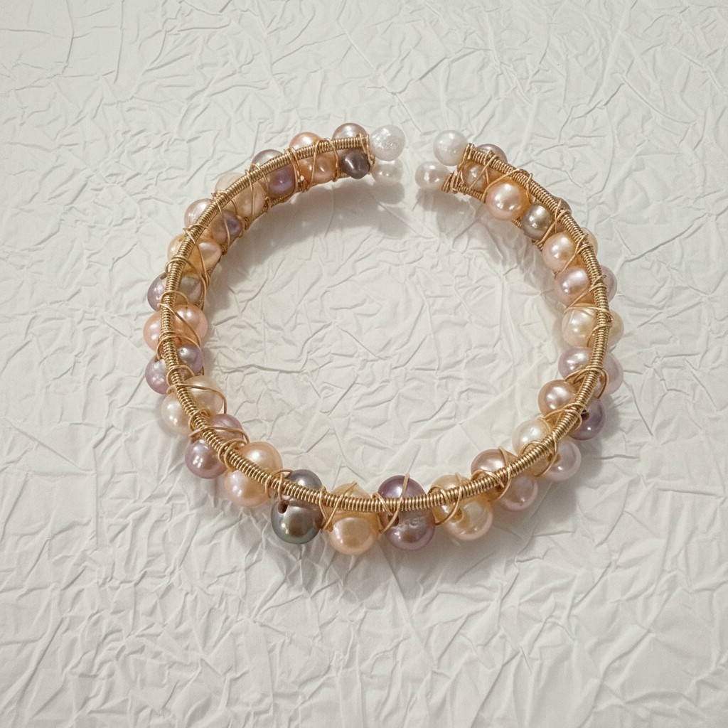 Natural Freshwater Pearl Wire Wrapped Cuff Bracelet Gold Tone Handmade Boho Gift
