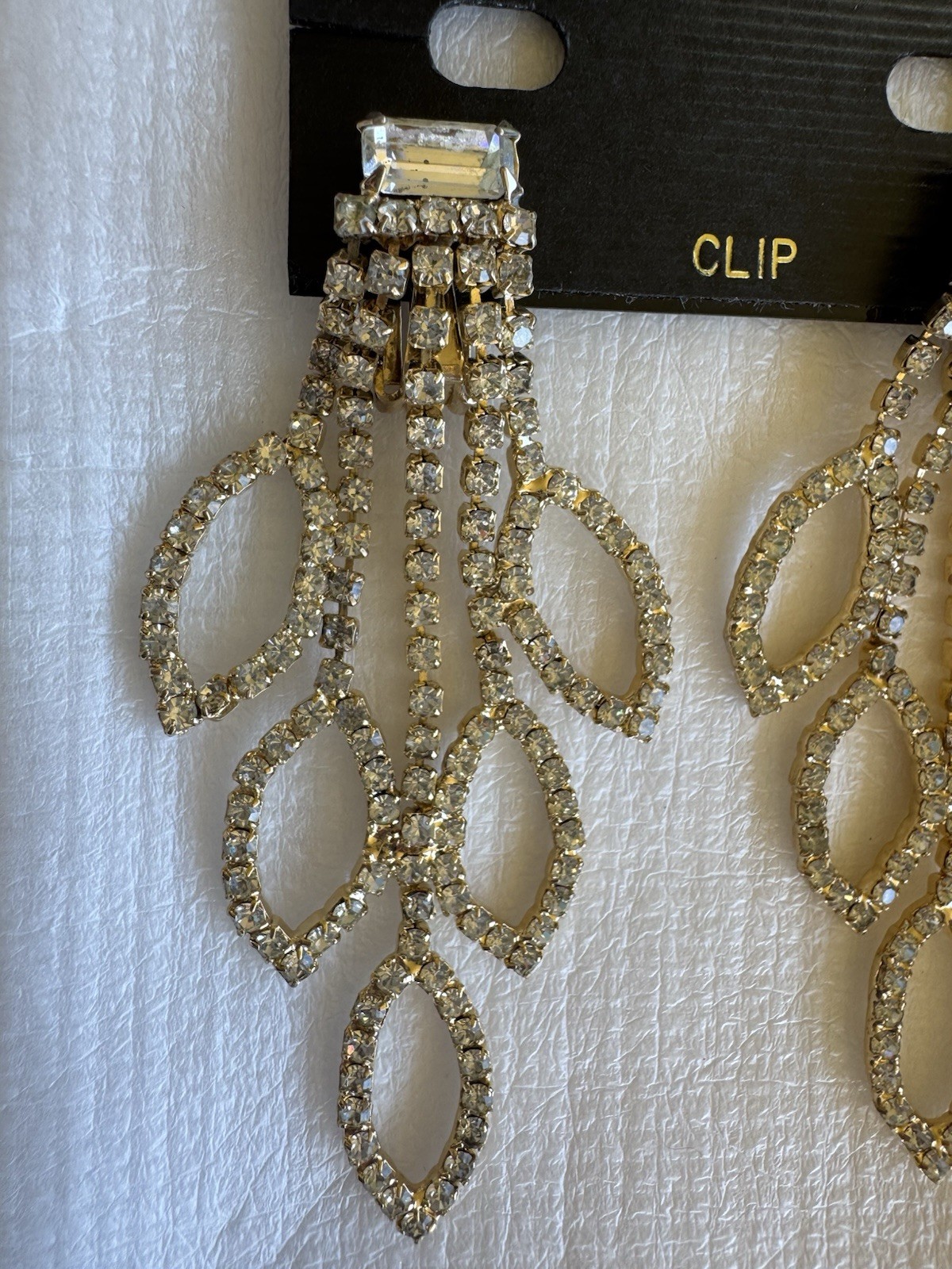 Vintage Rhinestone Chandelier Clip Earrings Bridal Prom NOS 1960s VTG Retro