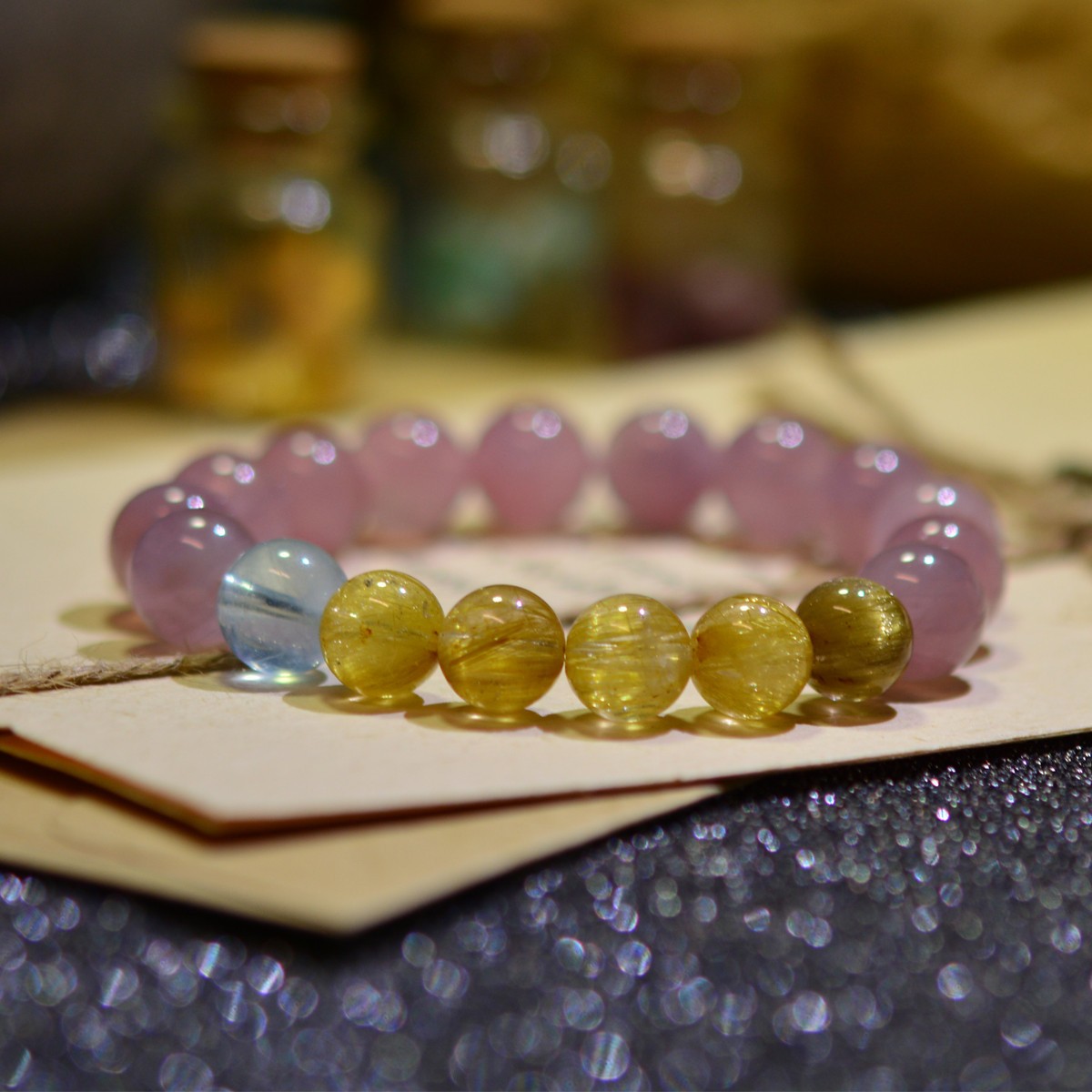 Madagascar Rose Quartz Rutilated Aquamarine Bracelet 18K Gold Gift for Women