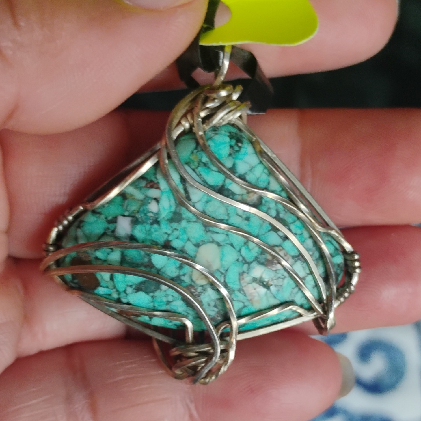 Silver Wire Wrap Turquoise Triangle Charm Pendant, Blue Stone