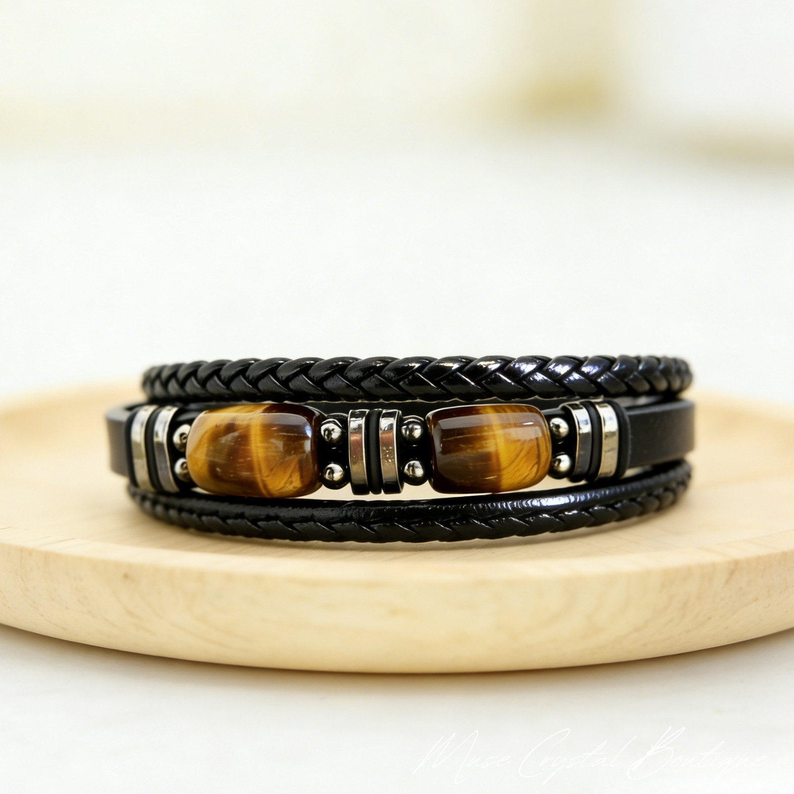 Natural Tiger Eye Bracelet Men Genuine Leather Braided Healing Energy Jewelry