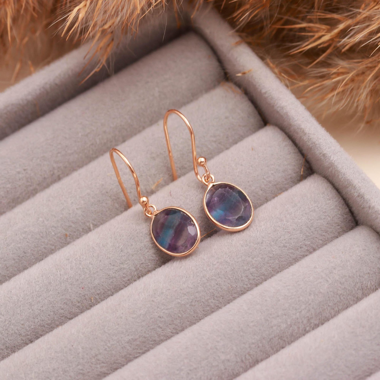 Natural Fluorite Oval Dangle Earrings Rose Gold Fill 925 Sterling Silver Jewelry