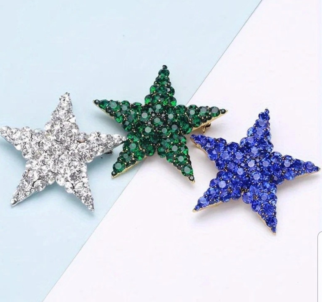 BLUE CRYSTAL RHINESTONE GOLD STAR PIN BROOCH PENDANT~CHRISTMAS HOLIDAY GIFT