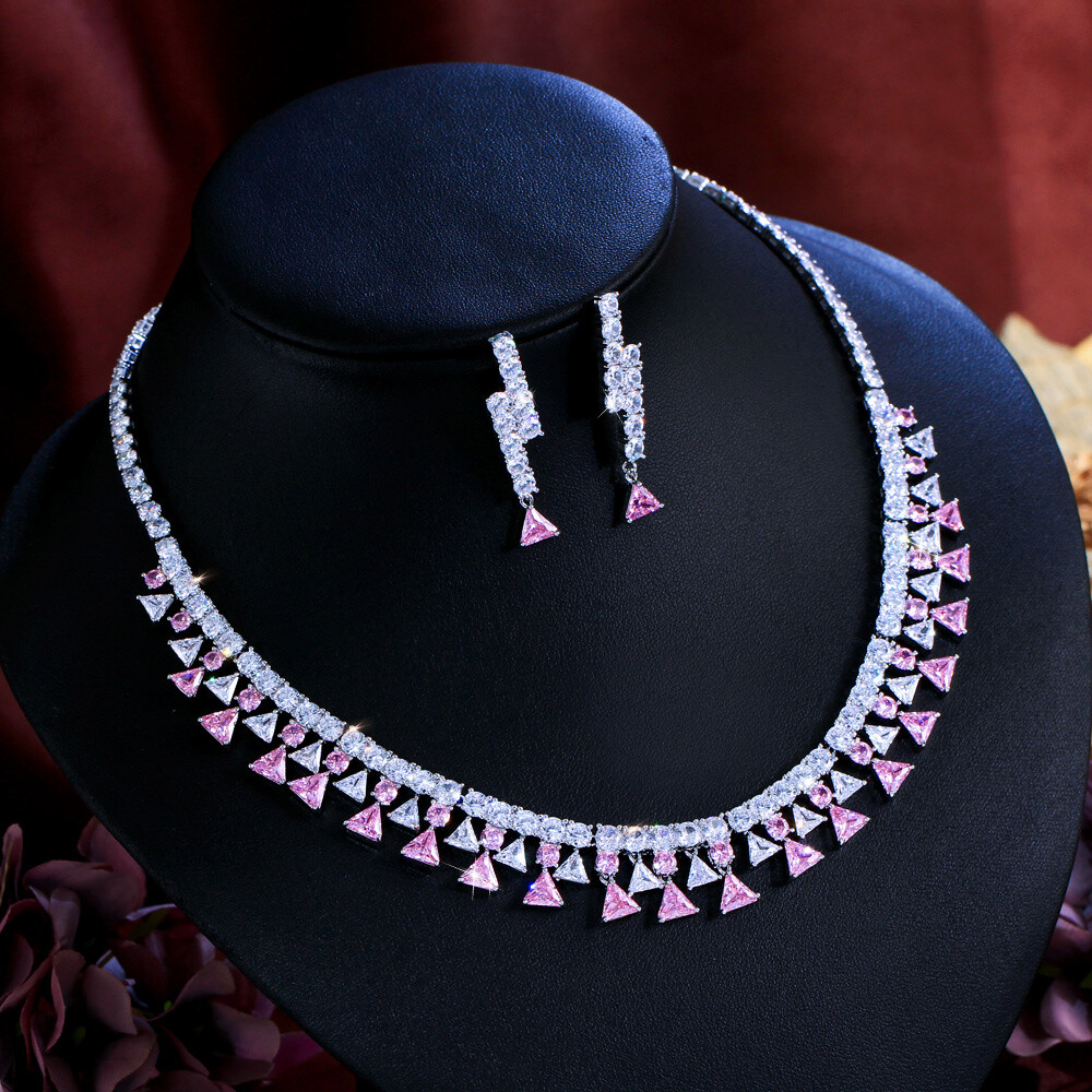 Chic Silver Plated CZ Pink Triangles Square Tennis Necklace Earrings Jewelry Set