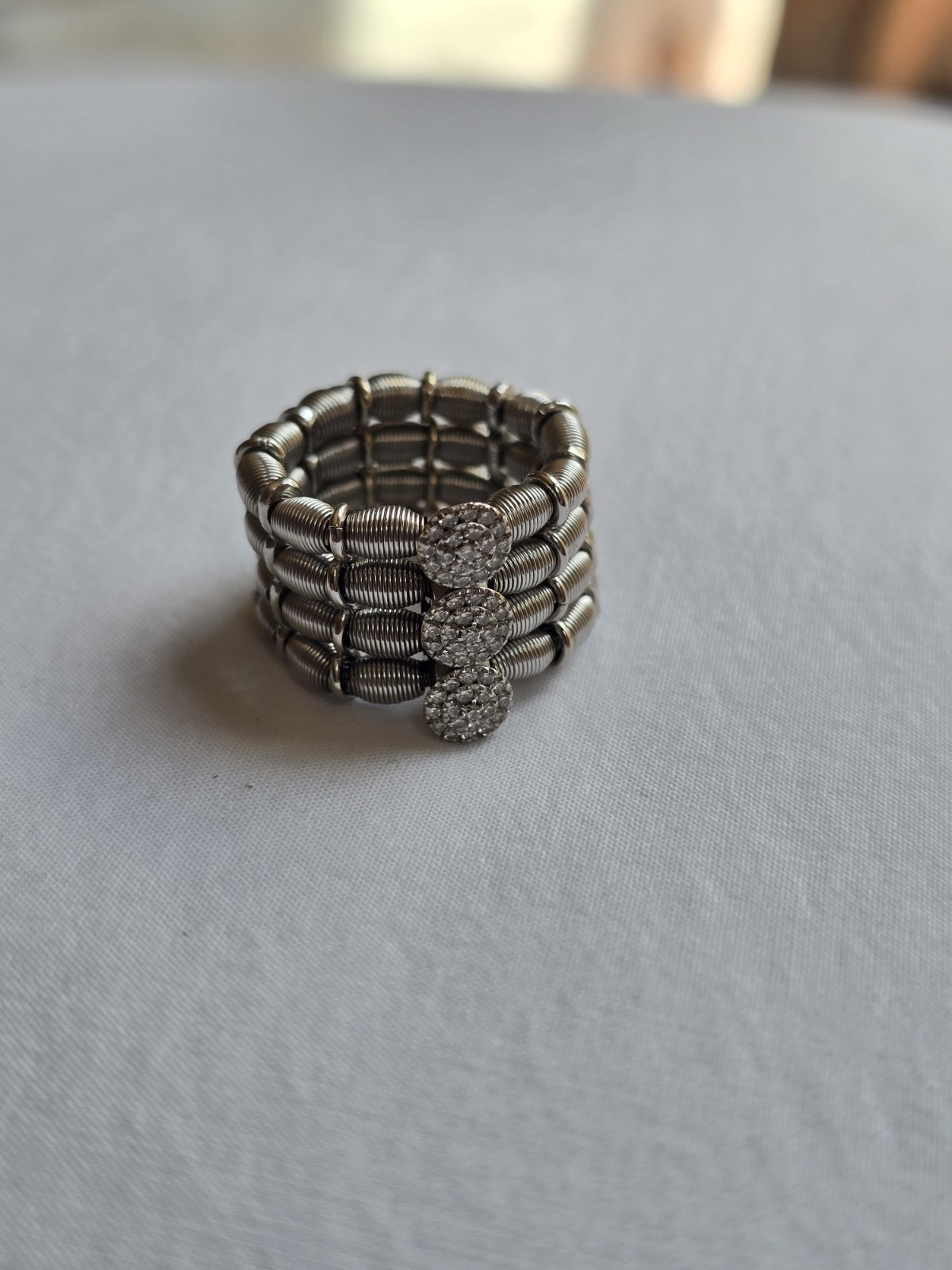 Silver-Tone Wide Band Ring With 3 Round CZ Details — Stretchy To Fit Most!