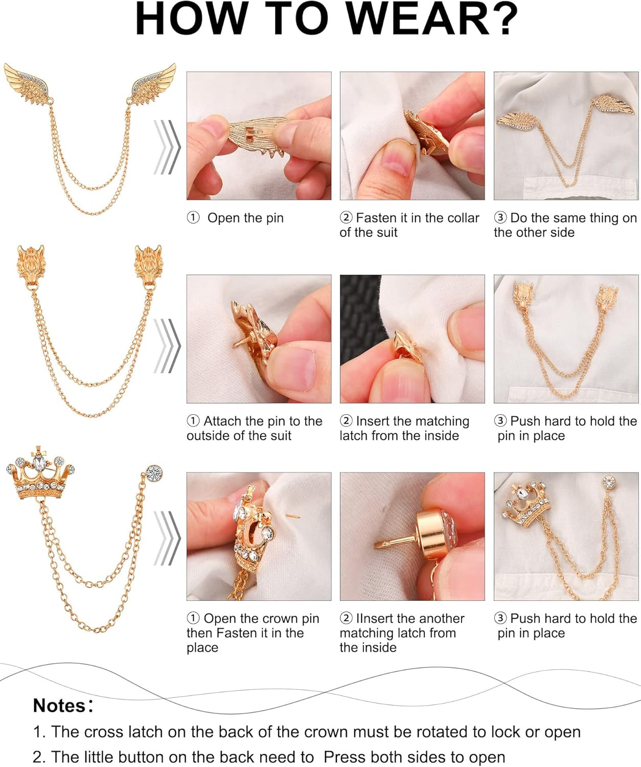 6 Pieces Men’s Tassel Chain Brooch Collar Pins Wedding Brooches Collar Pins Wing