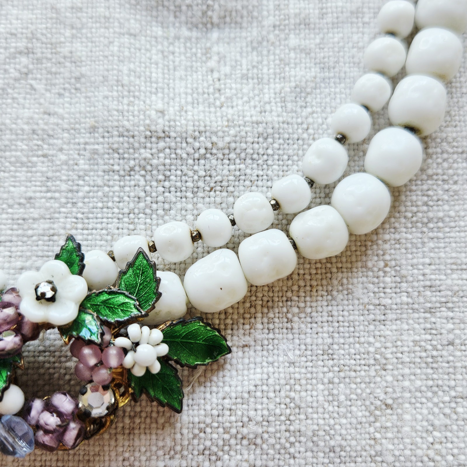 Unsigned Miriam Haskell Floral Pendant Double Strand Milk Glass Beaded Necklace