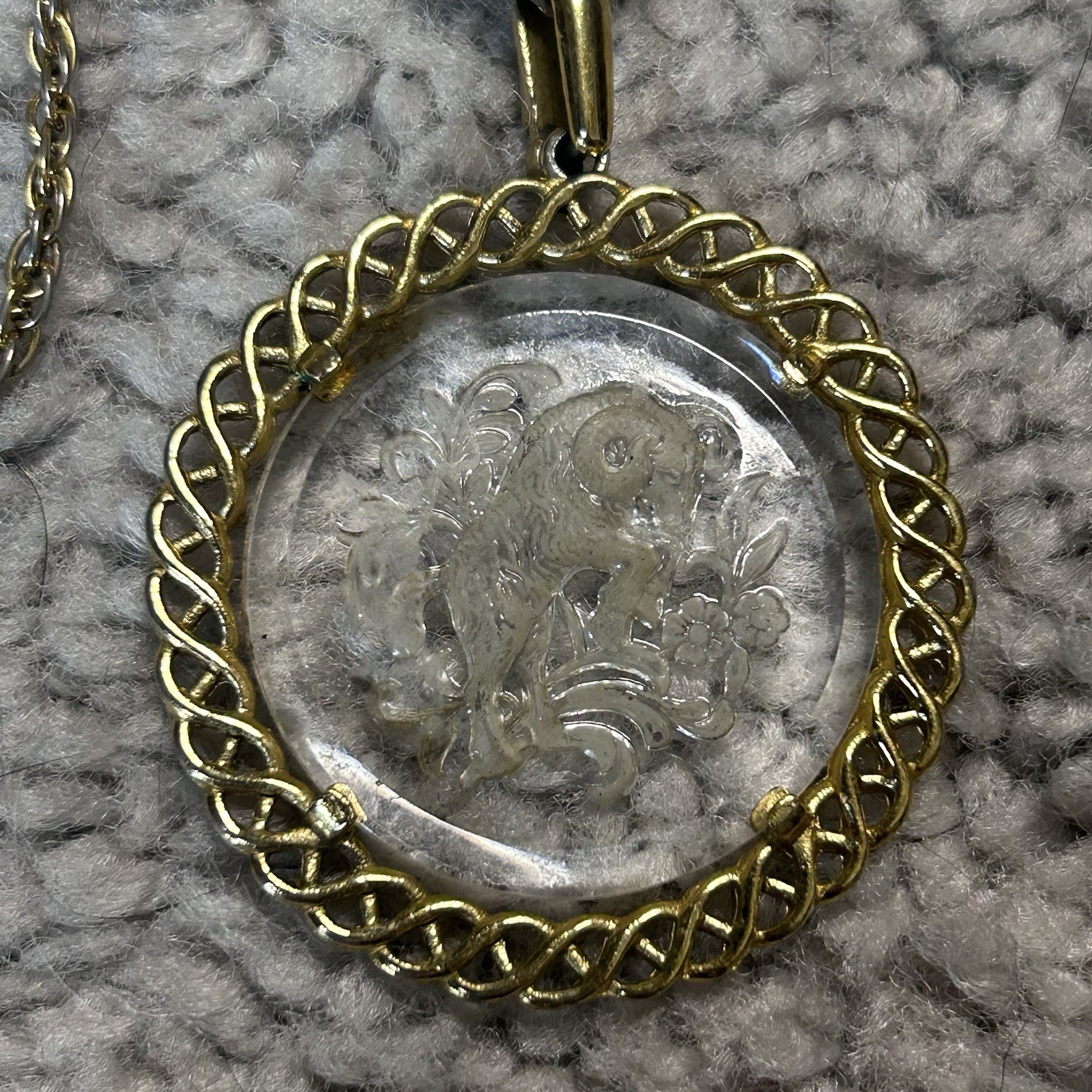 Vintage 1970s Crown Trifari Etched Glass Aries Pendant and Chain
