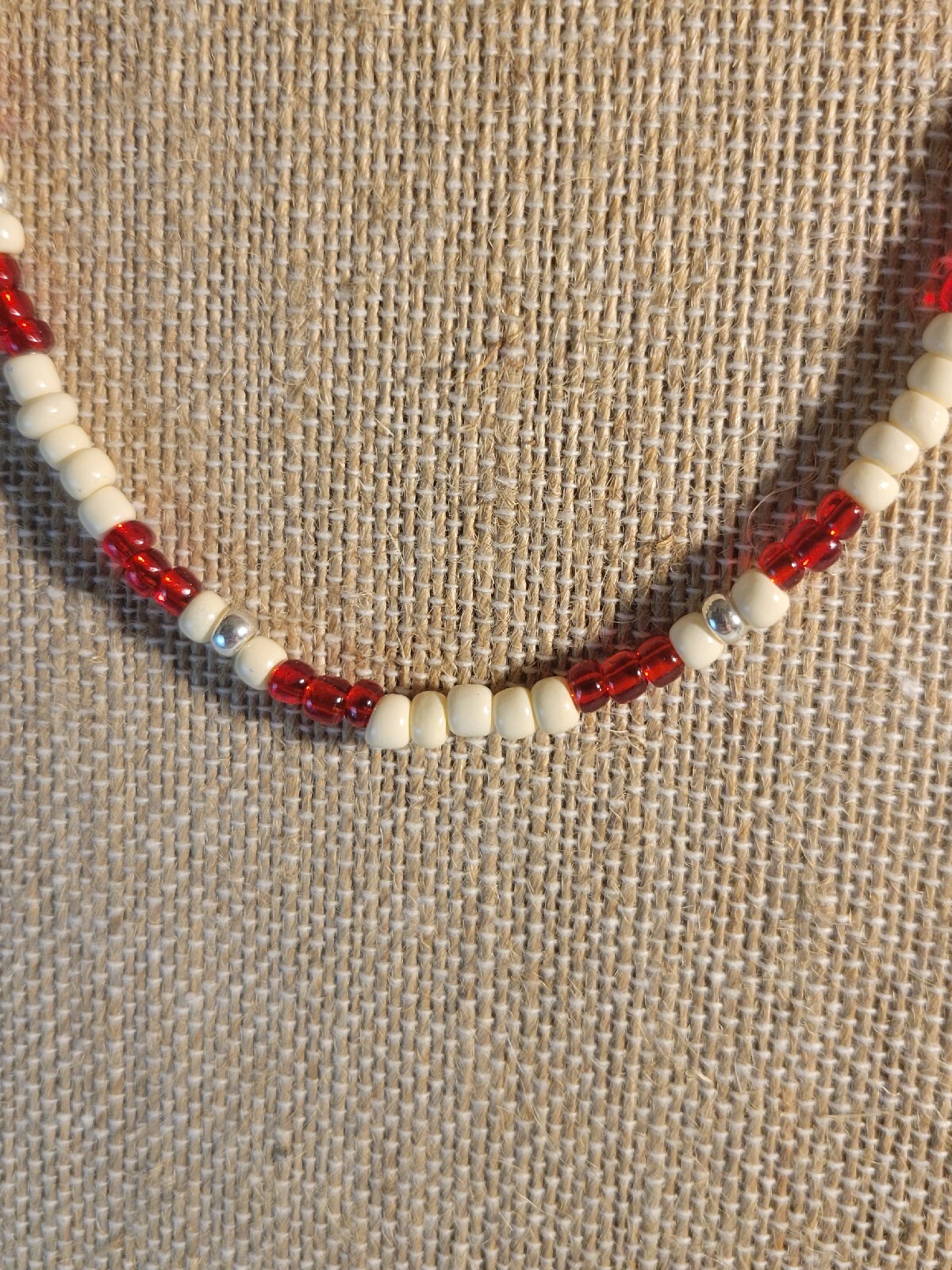 Cream, Silver, & Red Surfer Beaded Handmade Boho Choker Necklace Hippie Beads