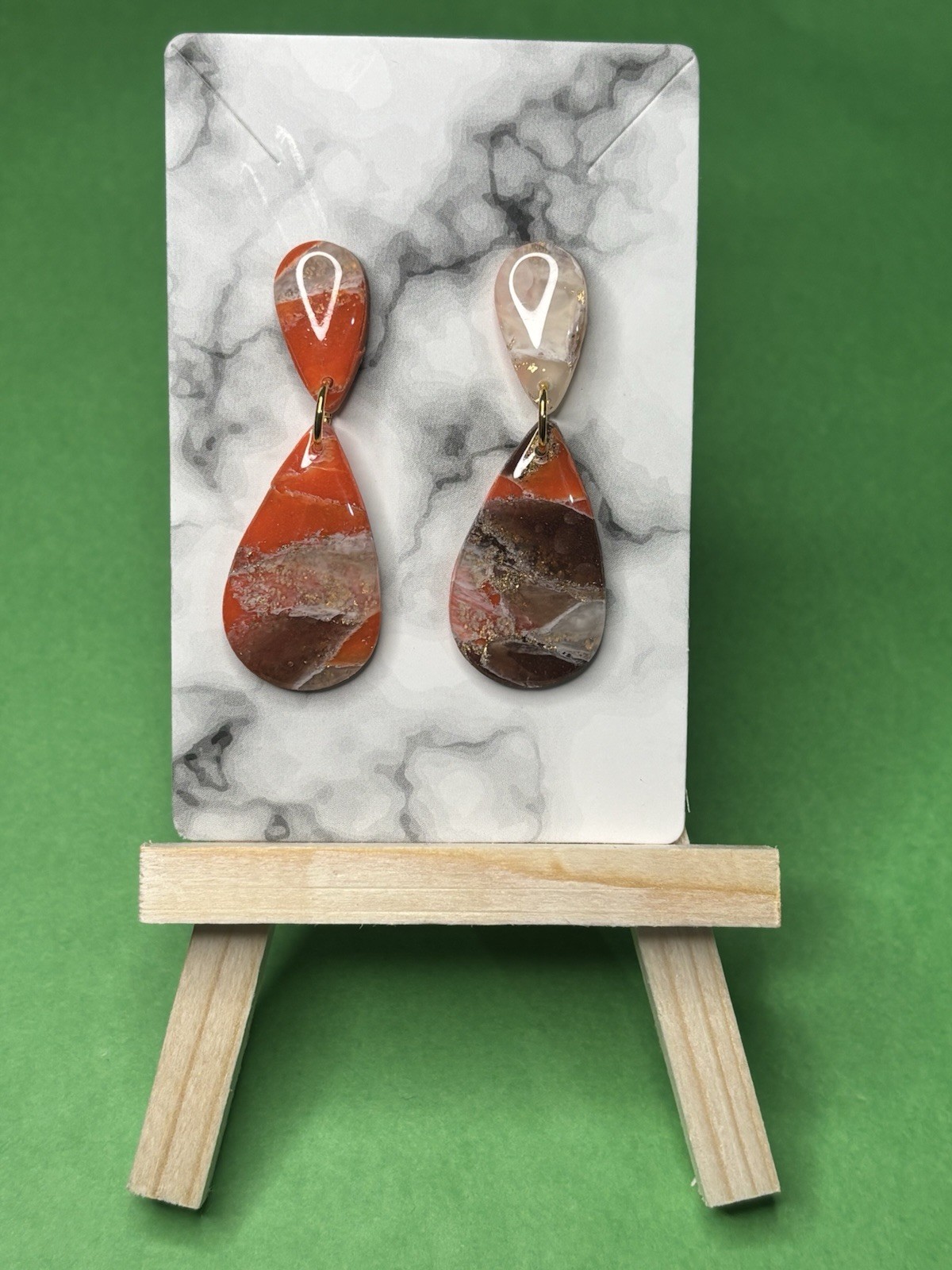 Handmade Teardrop Dangle Drop Earrings Orange Brown White and Gold Flakes