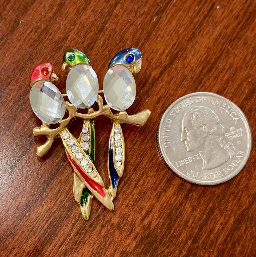 Cute Gold Tone 3 Parrots Red, Green, Blue Enamel & Rhinestone Deco Pin Brooch #2