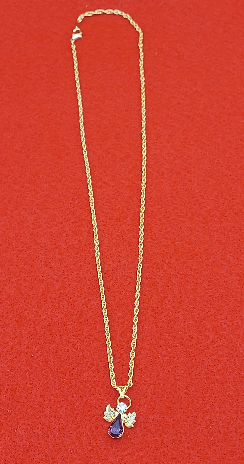 14 KT GOLD EP BIRTHSTONE FEBRUARY PURPLE CRYSTAL ANGEL CHARM W/18″ ROPE CHAIN