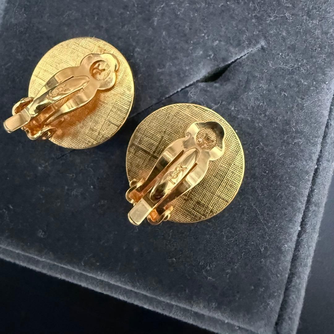 Yves Saint Laurent Earrings YSL Round Engraving Vintage Gold Tone From Japan