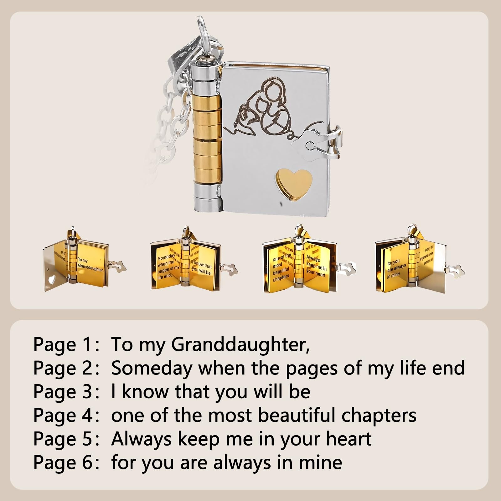 Granddaughter Book Necklace With 6 Pages Engraved Information