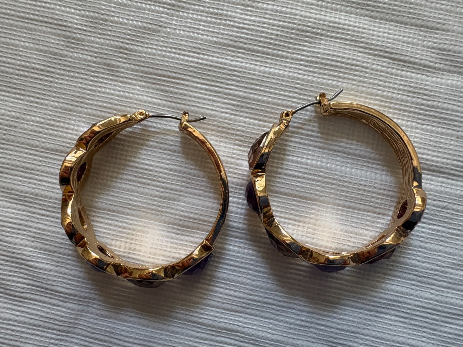 Gold Tone Pierced Hoop Earrings with Purple and Clear Stones 4″