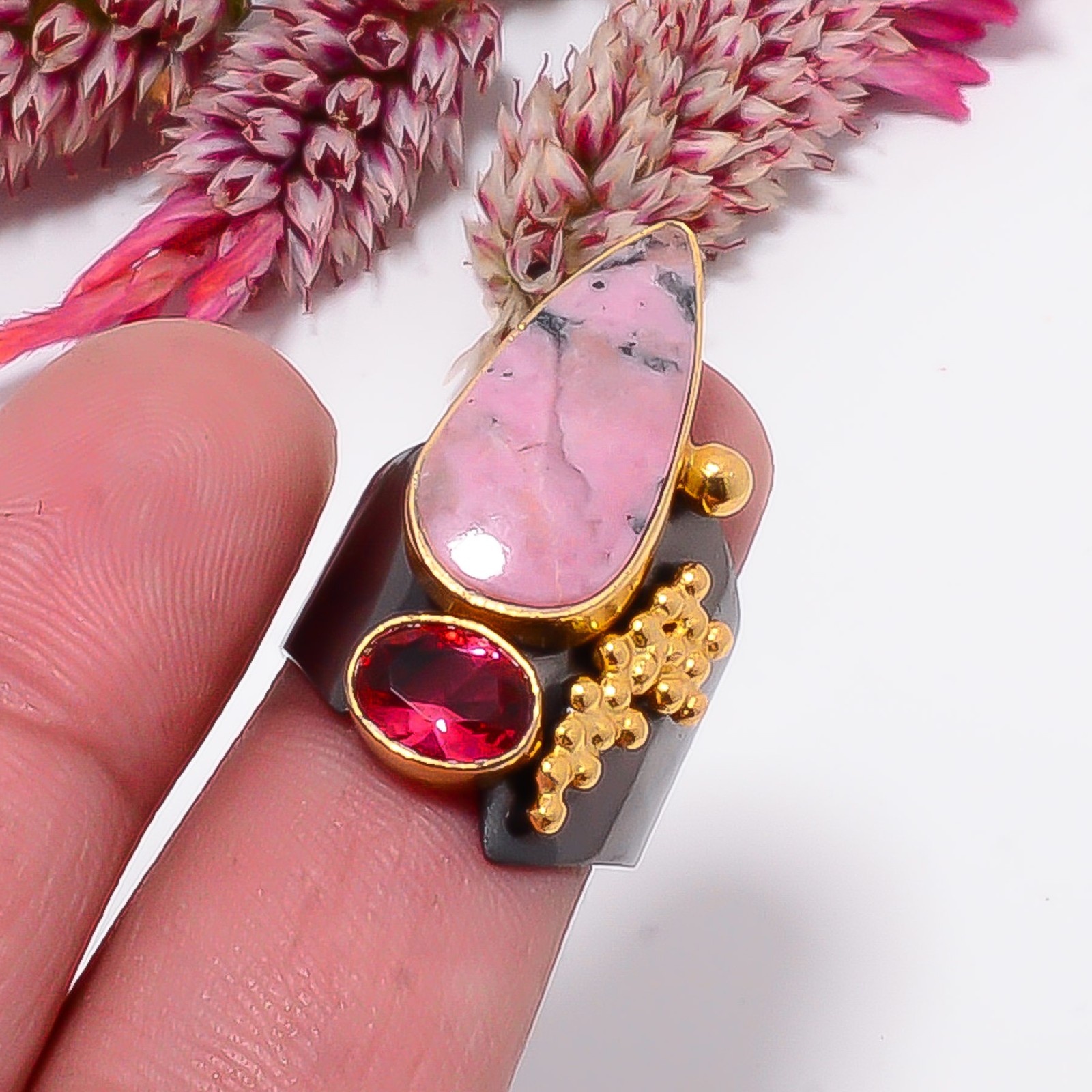 Black Manganese In RhodoniteGold Plated 925 Sterling Silver Ring s.6.5 Sku21