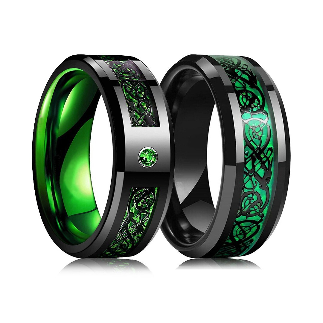 Fashion Black Stainless Steel Green Carbon Fibre Ring For Men
