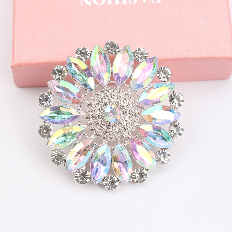 Multicolor Rhinestone Brooch Pin Luxury Glass Crystal Flower Accessory for Women