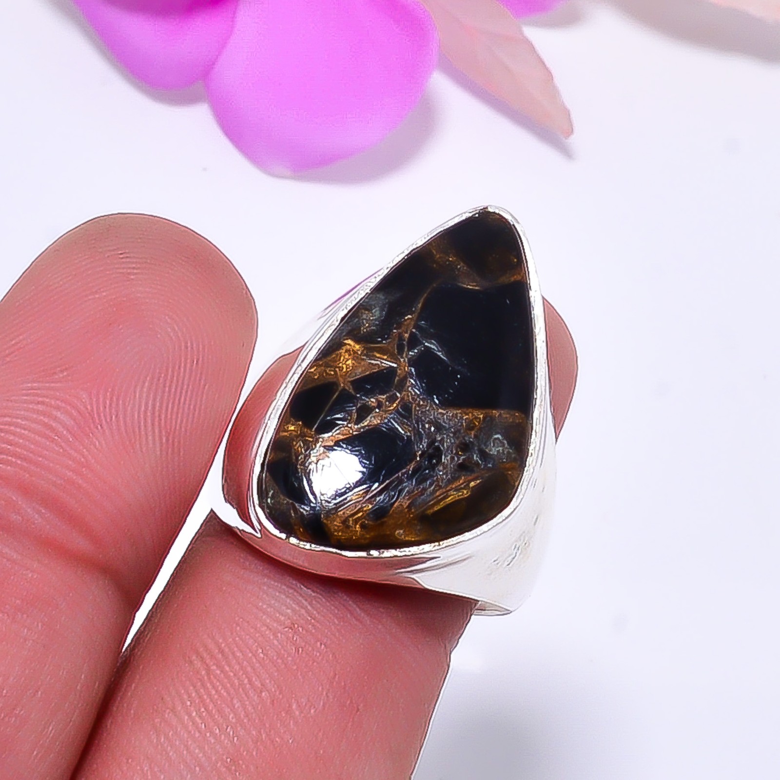 Copper Black Obsidian 925 Sterling Silver Ring S.9 R11524
