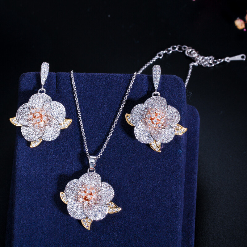 CWWZircons Silver Rose Gold Plated CZ Lady Flower Pendant Necklace Earrings Sets
