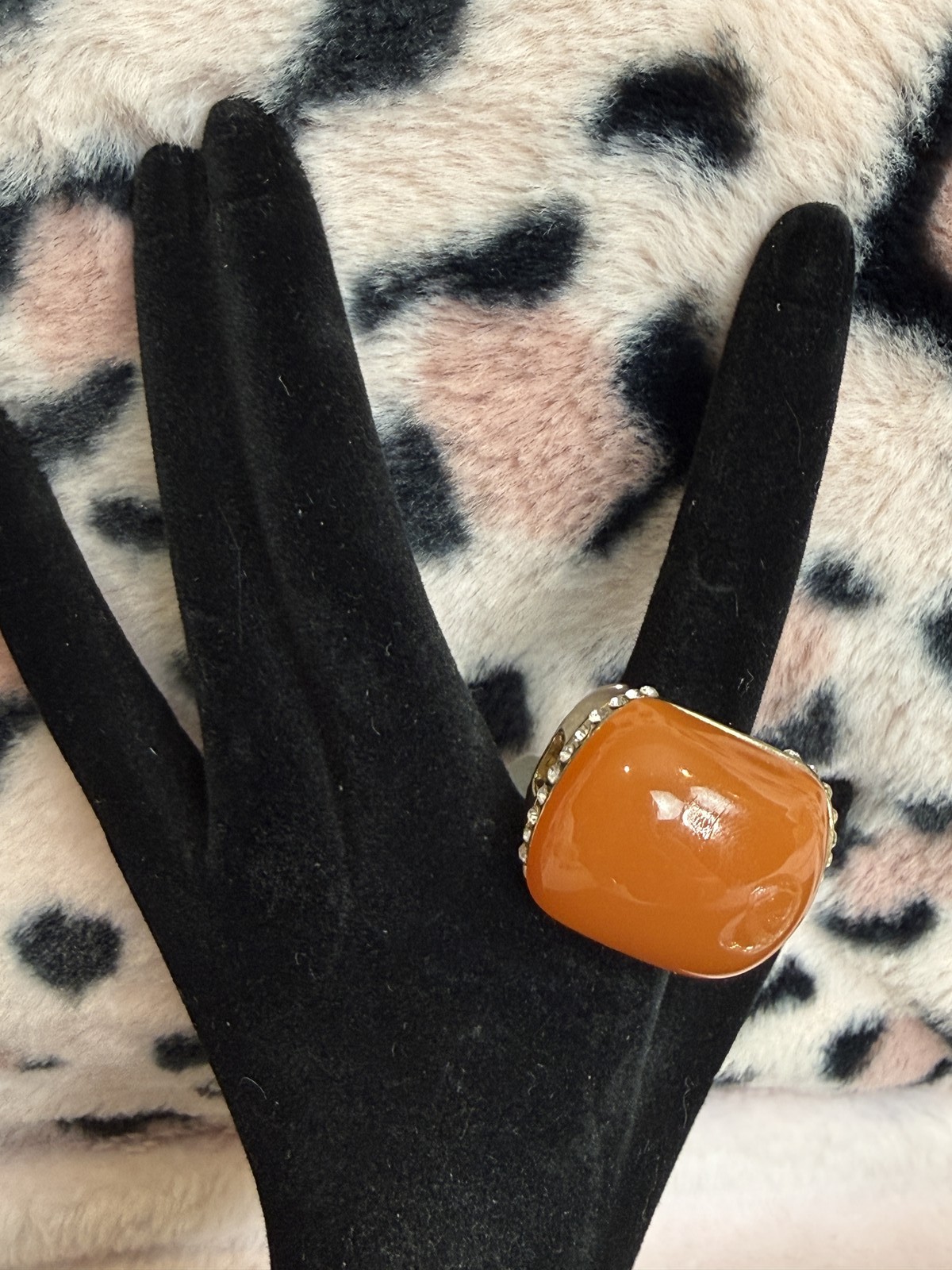 Orange Cabochon Gold Tone Cocktail Ring Rhinestone Halo Chunky Statement