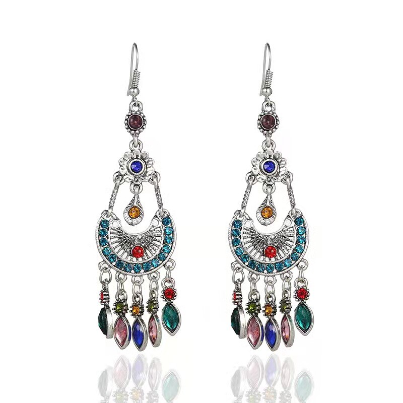 Gorgeous Women Ancient Silver Bohemian Earrings Half Moon Flowers Tassel