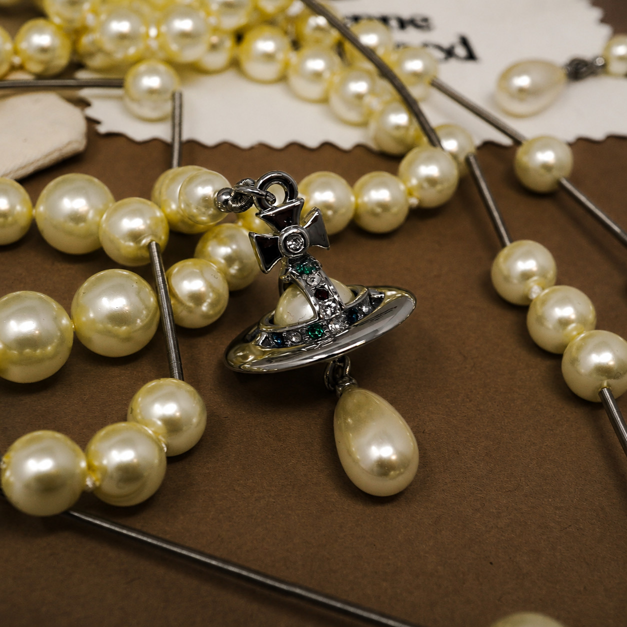 Vivienne Westwood Necklace Bas Relief Long Row Pearl 3D Silver Orb Pendant & Box
