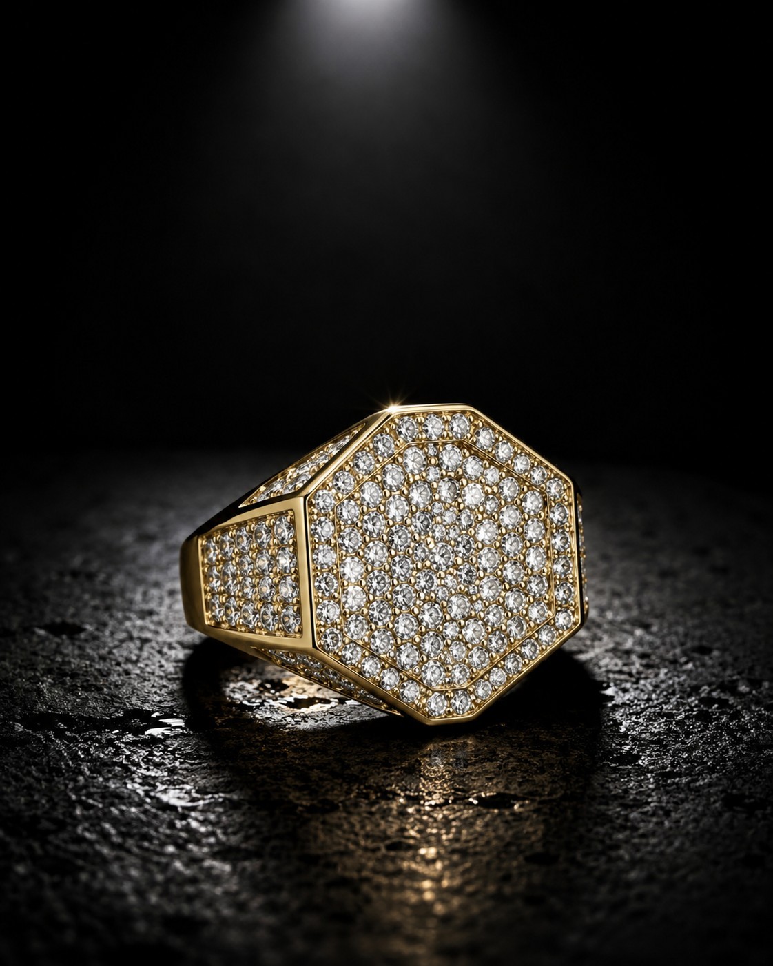Gold Tone Hexagon CZ Ring Men’s Iced Out Hip Hop Pinky Fashion Jewelry SIZE 8