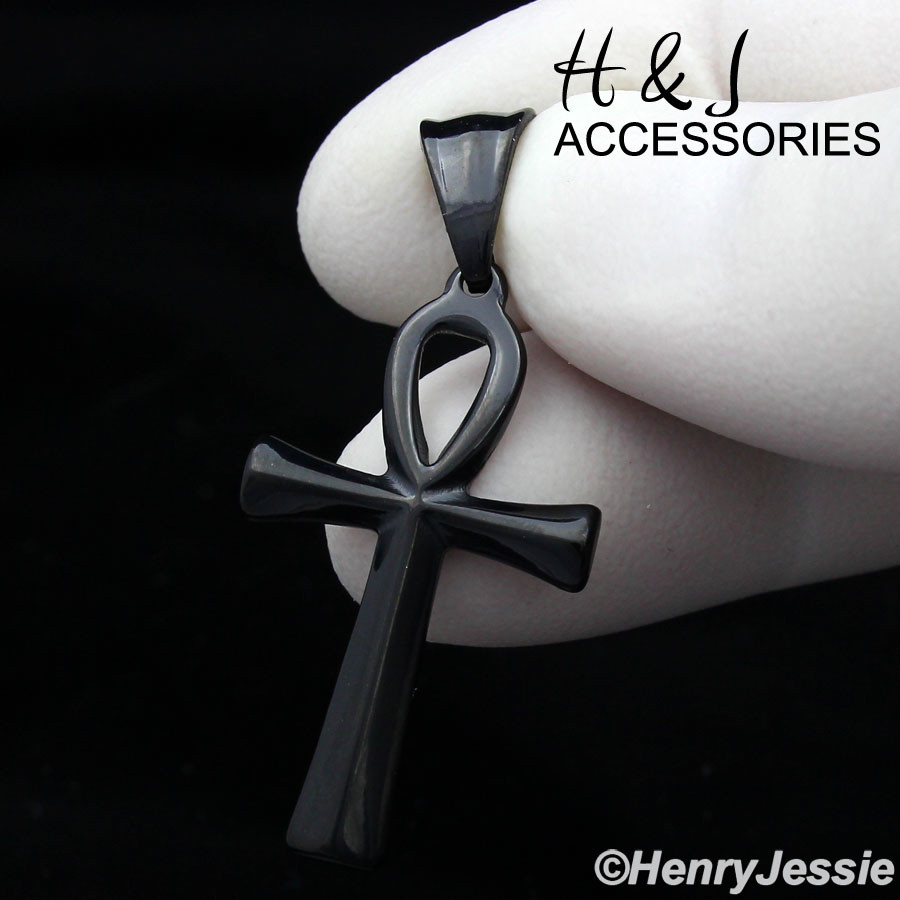 16″-30″MEN Stainless Steel 2mm Black Plated Box Chain Ankh Cross Pendant*ABP112