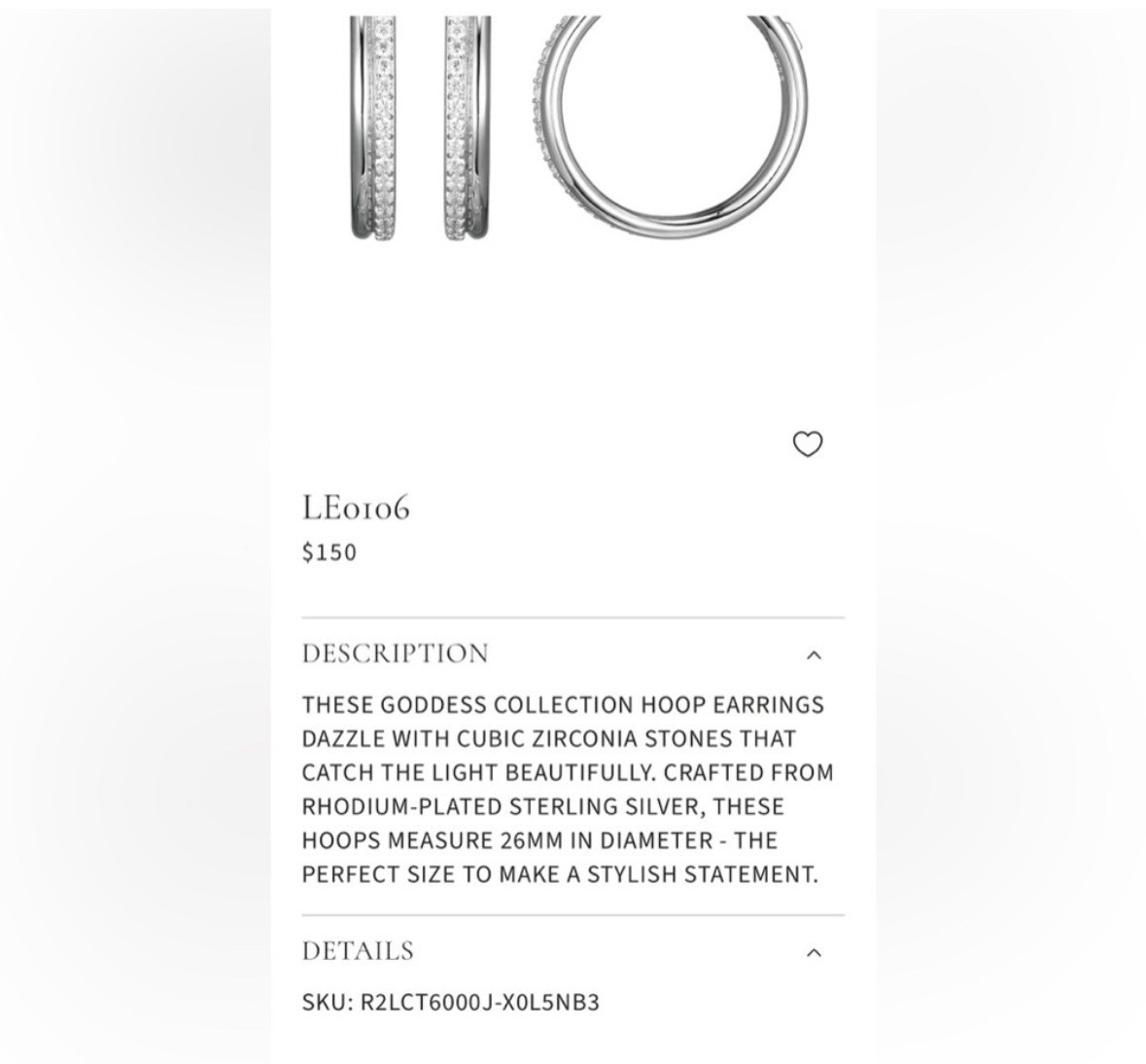 Elle Sterling Silver Rhodium Plated and Cubic Zirconia Hoop Earrings- 26mm