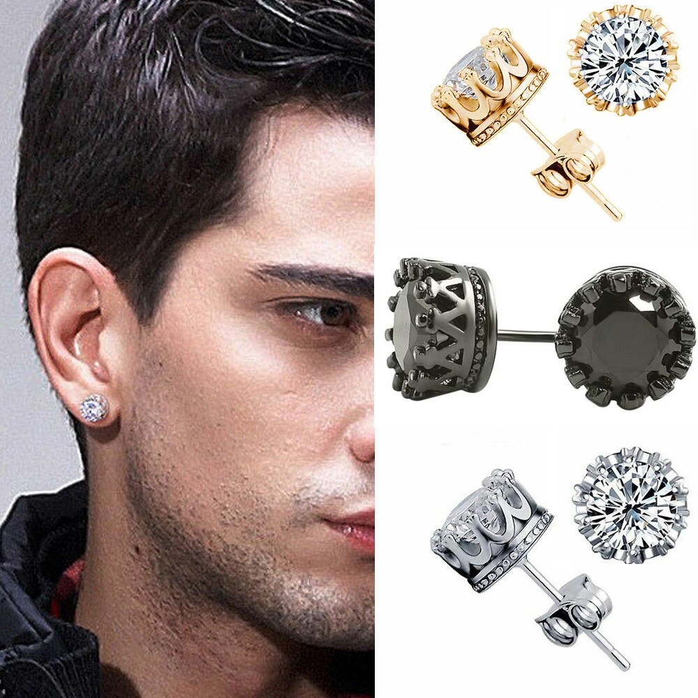 6/8/10mm Men Women Sterling Silver Post Stud Crown Cubic Zirconia Earrings Gift
