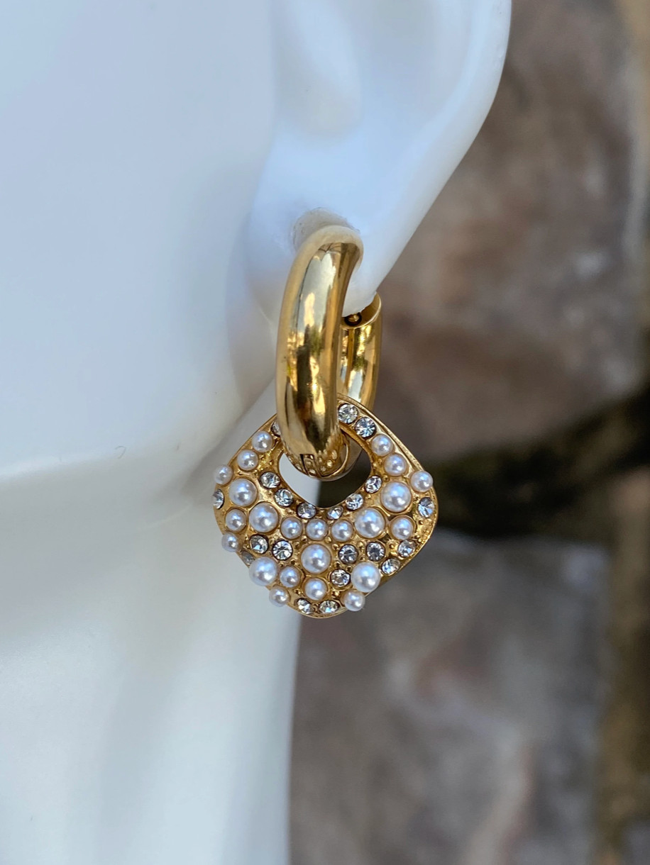 Gold Plated Stainless Steel CZ Pearl Dangle Drop Sparkle Earrings
