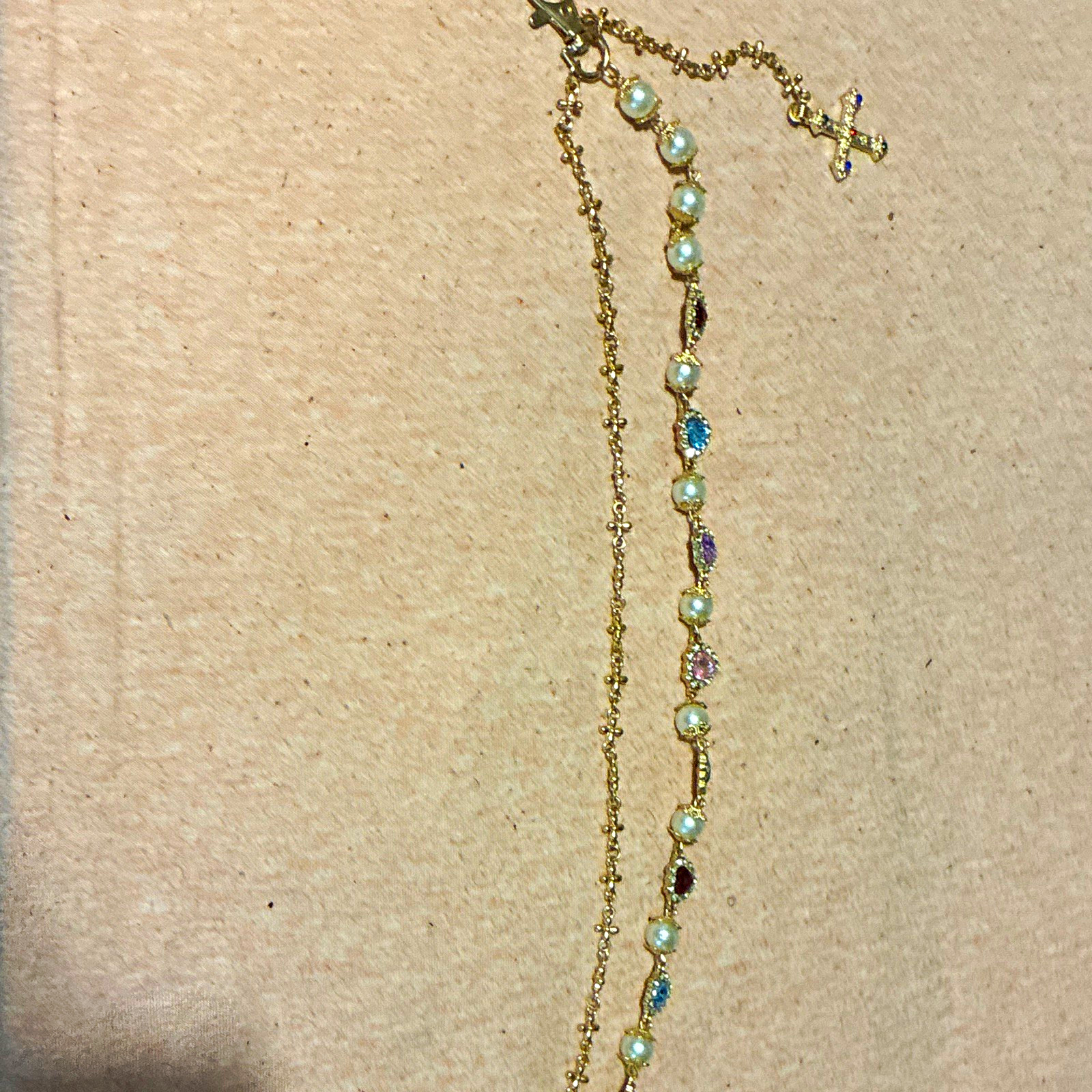 Gold Tone Cable Chain Necklace White Round Pearl & Crystal Beads Cross Pendant