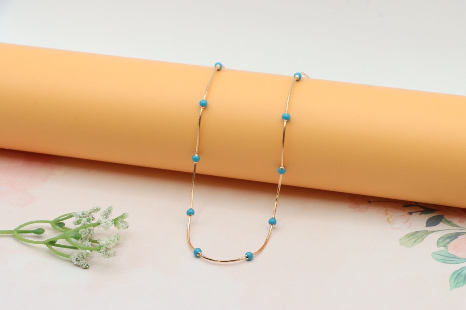 Rose Gold Chain Necklace with Blue Beads Elegant Style, XPNL0256