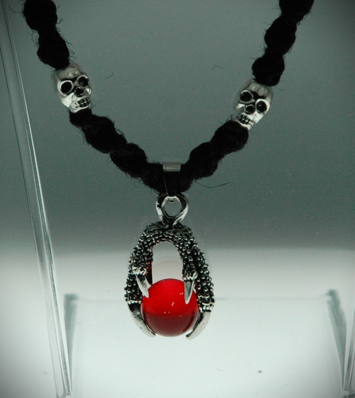 Gothic Dragon Claw Red Orb on a Handmade Black Hemp Necklace 20 1/2″
