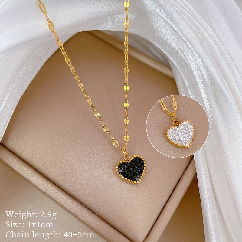 DIEYURO Black White Crystal Heart Reversible Necklace 316L Stainless Steel Gift