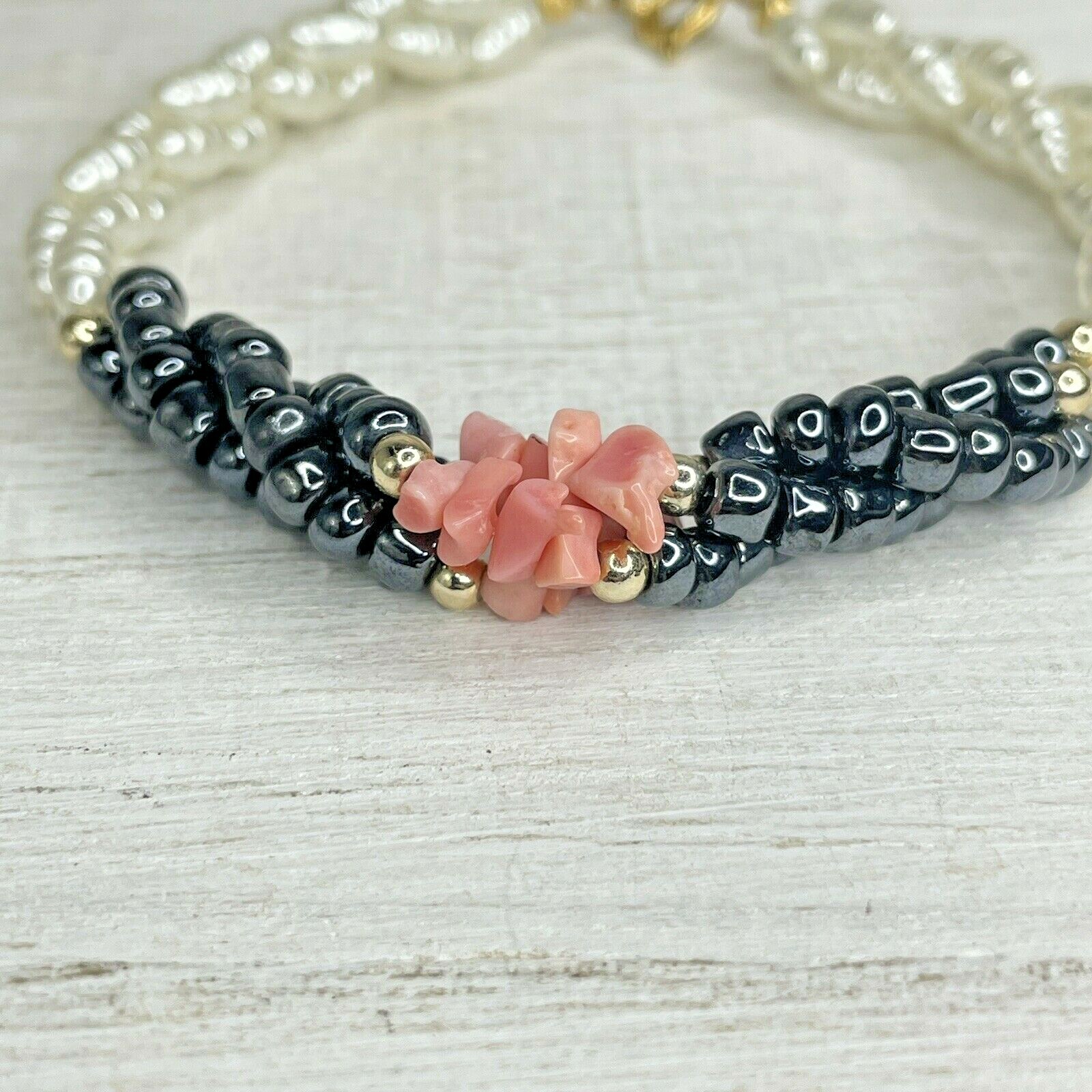 Coral Pink White Black Faux Pearl Bead Bracelet