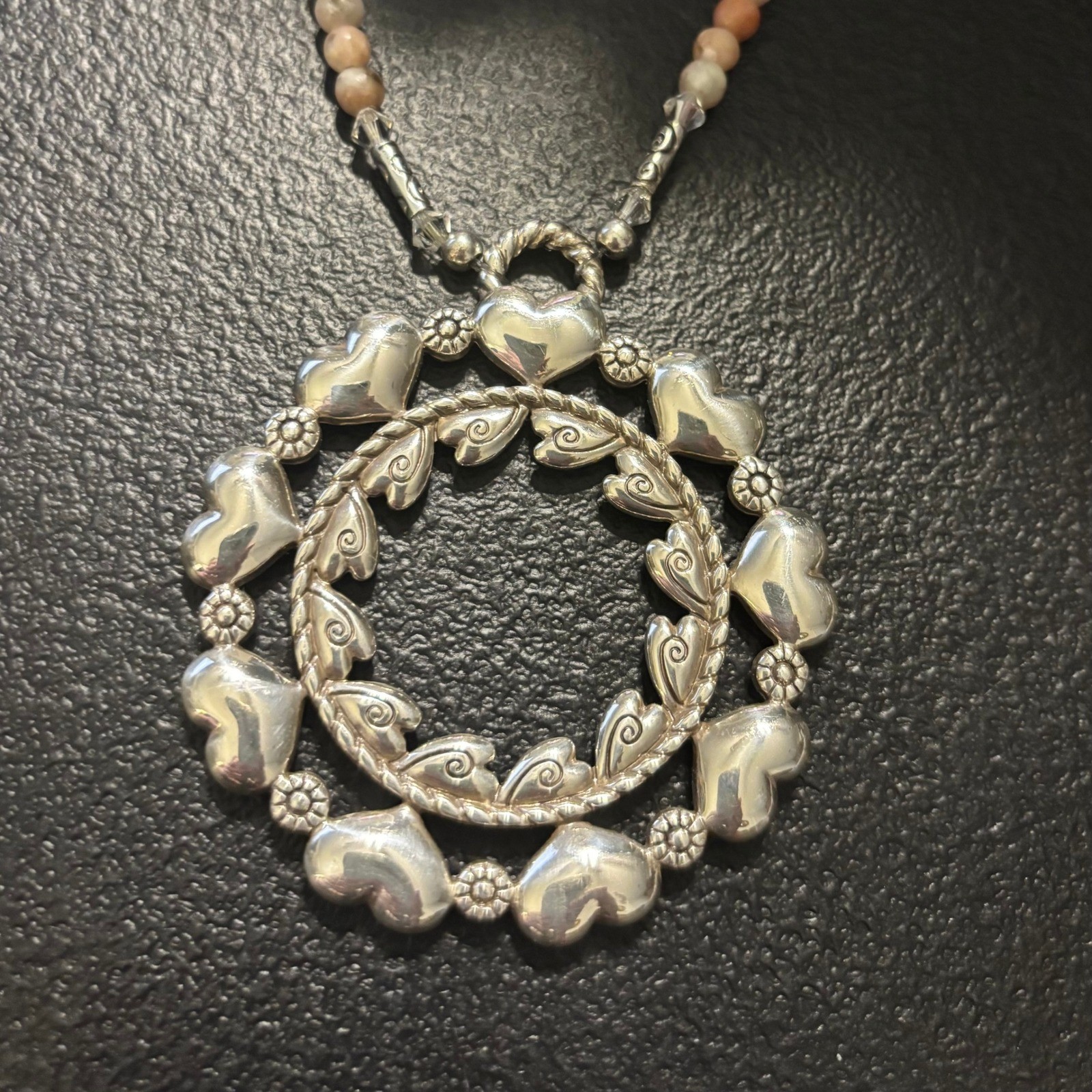 Brighton Silver Tone Heart Wreath Pendant Beaded Wheat Chain Necklace Adjustable