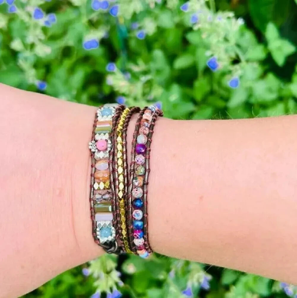 Natural Jasper Leather Wrap Bracelet 3 Strands – Handmade Stone Beads for Peace