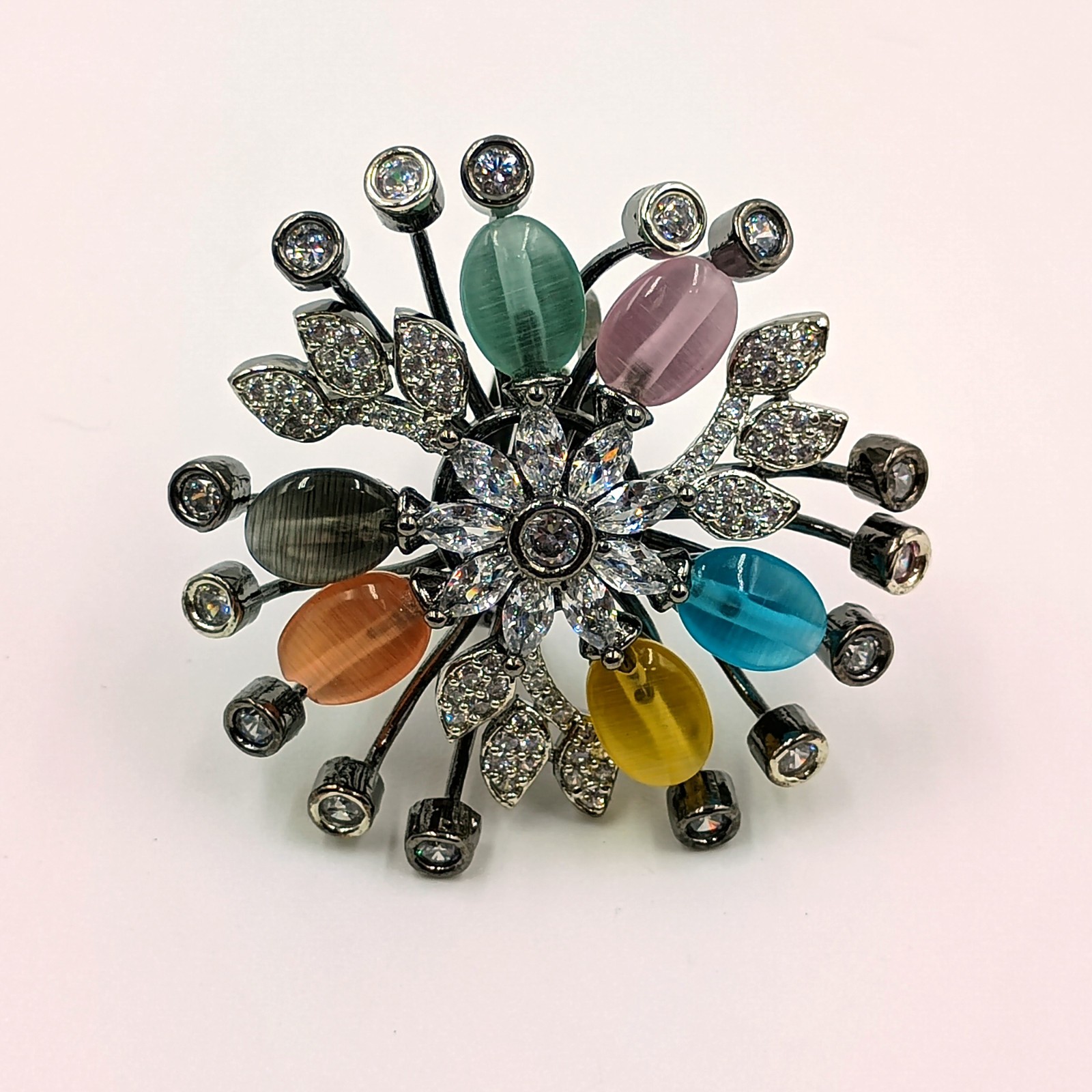 Handmade Multi Stone Ring Adjustable Cubic Zirconia Black Rhodium Plated Boho